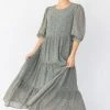 Among The Brave Lucid Khaki Ditsy Print Puff Sleeve Tiered Maxi Dress