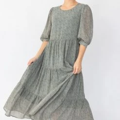 Among The Brave Lucid Khaki Ditsy Print Puff Sleeve Tiered Maxi Dress