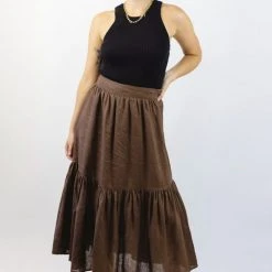 Ivy + Jack Hope Chocolate Linen Tiered Midi Skirt Fashion