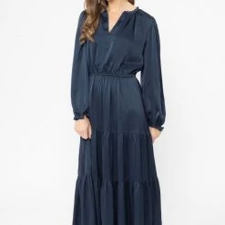 Seeking Lola Magical Navy Satin LS Tiered Maxi Dress