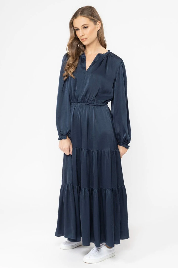 Seeking Lola Magical Navy Satin LS Tiered Maxi Dress 4 Seeking Lola Magical Navy Satin LS Tiered Maxi Dress