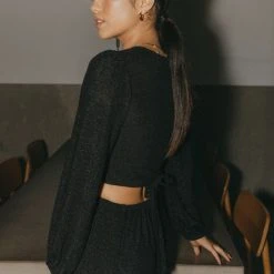 Among The Brave Full Moon Black Shimmer LS Puff Sleeve Plunge Ring Crop Top