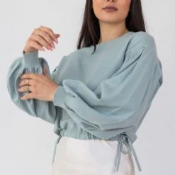 Among The Brave Fashion Billie Sea Foam Slouchy Crop Balloon Sleeve Tie Hem Knit