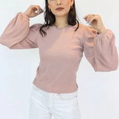 Among The Brave Annabelle Blush LS Puff Sleeve Soft Textured Knit Top Fashion