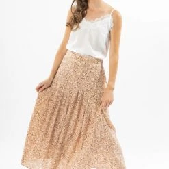 Leila + Luca Courageous Nude Floral Pleated Midi Skirt