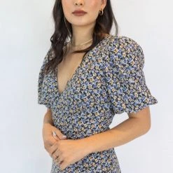 Among The Brave Amora Periwinkle Blue Floral SS Puff Sleeve Panel Bodice Bias Maxi Slip Dress