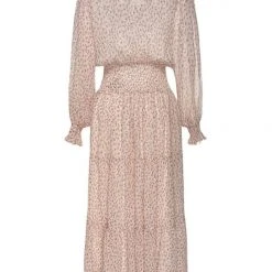 Ivy + Jack Fashion Charlie Natural Floral Crinkle LS Frill V Neck Tiered Midi Dress