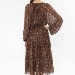 Billie The Label Vivacious Brown Floral Mid Sleeve V Neck Tiered Midi Dress