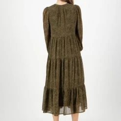 Ivy + Jack Fashion Kendall Khaki Ditsy Blouson LS V Neck Tiered Midi Dress