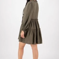 Ivy + Jack Billie Khaki Cotton LS Frill V Neck Tiered Mini Dress