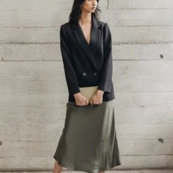 Ivy + Jack Fashion Ivy Khaki Washer Satin Midi Bias Skirt