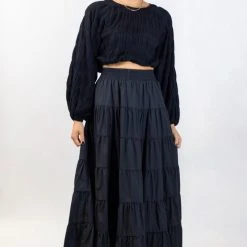 Ivy + Jack Fashion Carly Black Shirred Cotton LS Raglan Elastic Hem Crop Top