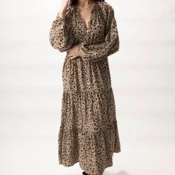 Among The Brave Aida Natural Animal LS Puff Sleeve Button Front Tiered Maxi Dress Fashion