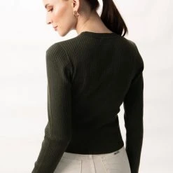 Among The Brave Inspired Dark Khaki LS Rib Knit Crew Neck Top Fashion