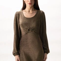 Among The Brave New Moon Gold Shimmer LS Puff Sleeve Ring Midi Dress Fashion