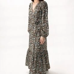 Among The Brave Ocean Dark Khaki Floral Wrap Tiered LS Maxi Dress