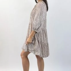 Among The Brave Gemini Chocolate Ditsy Animal Puff Mid Sleeve Button Front Tiered Mini Dress Fashion