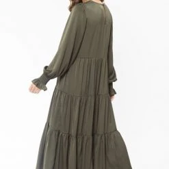 Seeking Lola Fashion Mia Khaki Satin Blouson Sleeve Tiered Maxi Dress