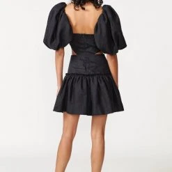 Aureta Ada Black Balloon Sleeve Cut Out Waist Dress