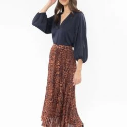 Leila + Luca Enticing Navy Bronze Leopard Pleated Midi Skirt