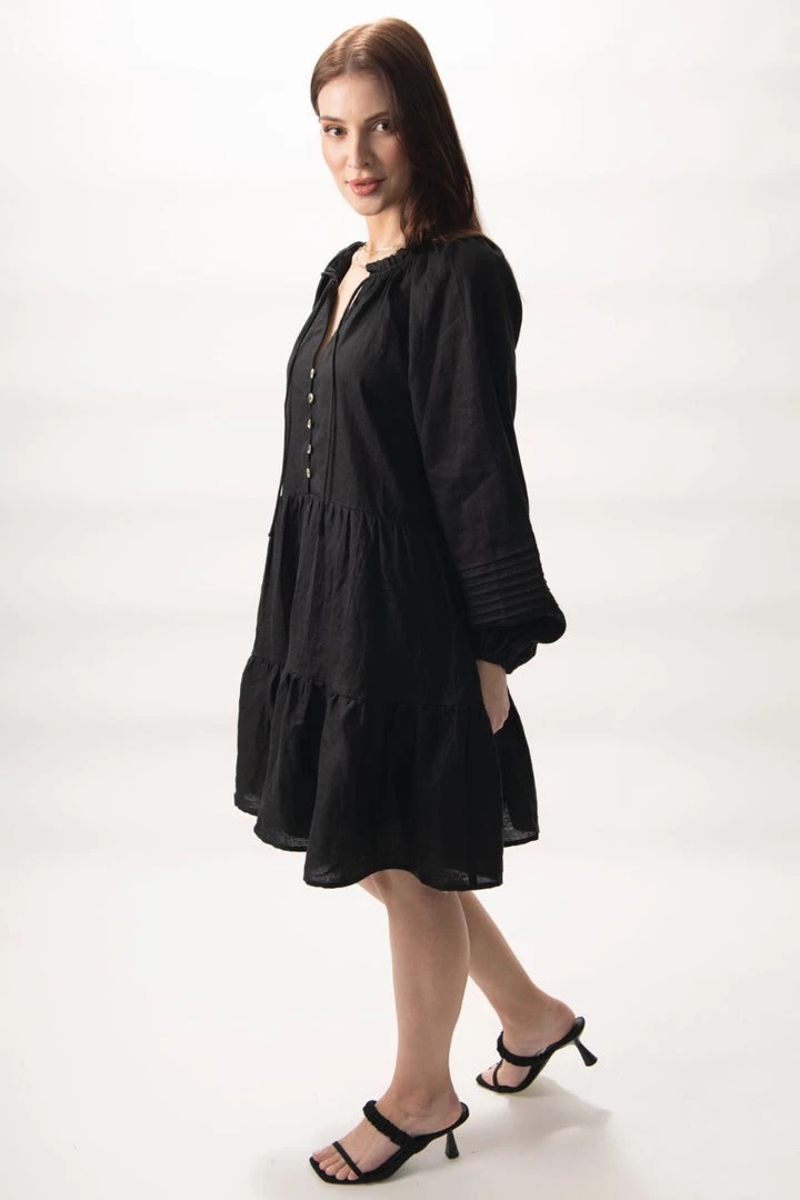 Among The Brave Fashion Zodiac Black Linen LS Pin Tuck Balloon Sleeve Tiered Mini Dress 6 Among The Brave Fashion Zodiac Black Linen LS Pin Tuck Balloon Sleeve Tiered Mini Dress