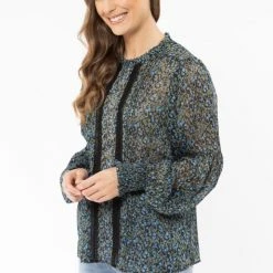 Billie The Label Fantasy Blue Floral Lace Front LS Top Fashion