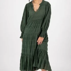 Ivy + Jack Fashion Jessie Hunter Green Shirred Cotton LS Tiered Midi Dress