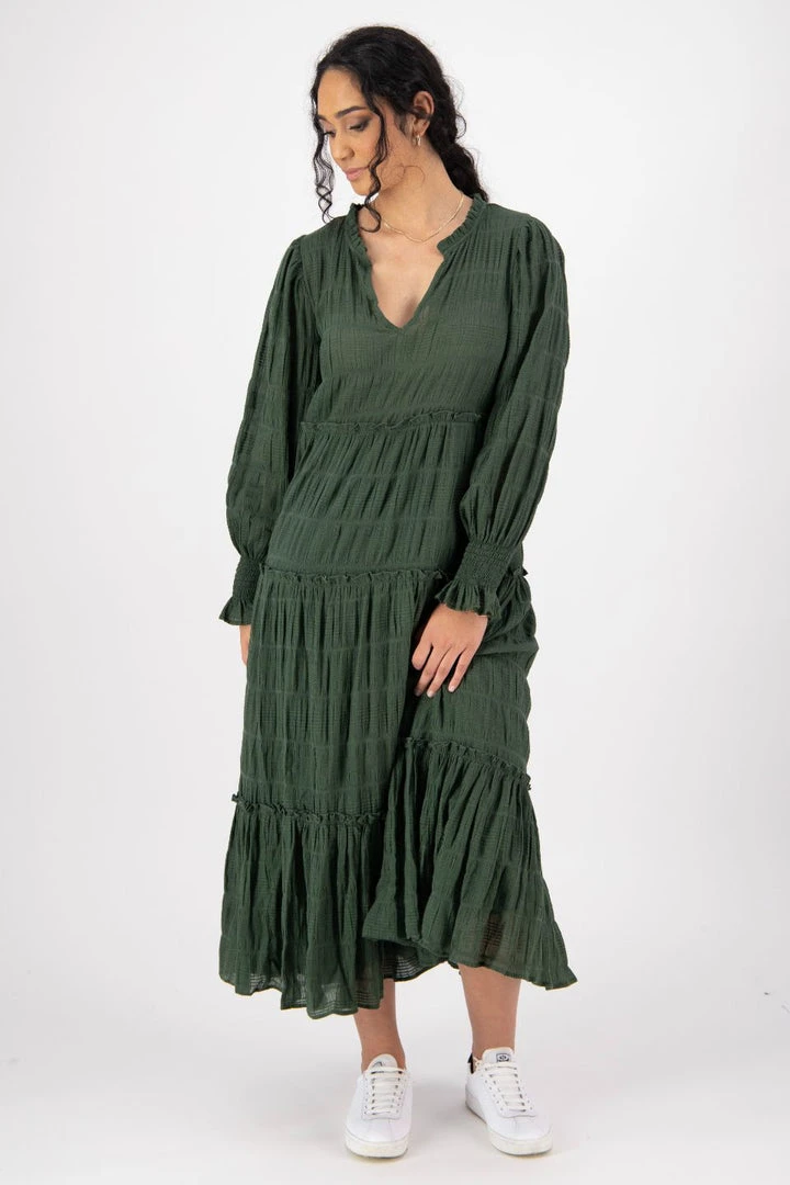 Ivy + Jack Fashion Jessie Hunter Green Shirred Cotton LS Tiered Midi Dress 4 Ivy + Jack Fashion Jessie Hunter Green Shirred Cotton LS Tiered Midi Dress