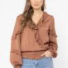 Seeking Lola Plentiful Rust Satin Frill V Neck LS Top Fashion