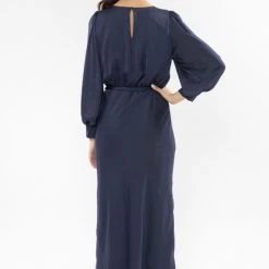 Leila + Luca Fashion Whimsical Navy Satin Tie Waist LS Maxi Dress