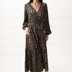 Among The Brave Twilight Black Animal LS Tiered Maxi Dress Fashion
