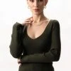 Among The Brave Desire Dark Khaki LS V Neck Rib Knit Top