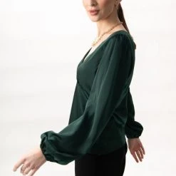 Among The Brave Bailey Forest Satin LS Balloon Sleeve Panel Bodice Bias Top Fashion