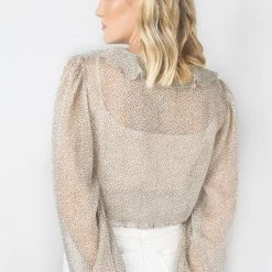 Among The Brave Leo Natural Ditsy Animal LS Shirred Ruffle V Neck Top