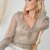 Among The Brave Leo Natural Ditsy Animal LS Shirred Ruffle V Neck Top