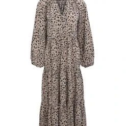 Among The Brave Aida Natural Animal LS Puff Sleeve Button Front Tiered Maxi Dress Fashion