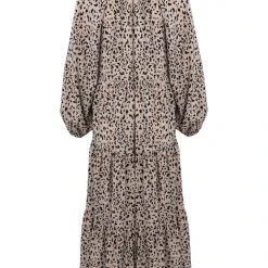 Among The Brave Aida Natural Animal LS Puff Sleeve Button Front Tiered Maxi Dress Fashion