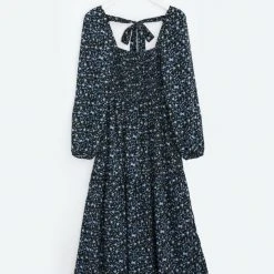 Among The Brave Fashion Alana Blue Floral Tie Back LS Shirred Body Tiered Dress