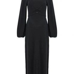 Among The Brave New Moon Black Shimmer LS Puff Sleeve Ring Midi Dress