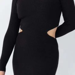Among The Brave Fashion Angelica Black Cut Out Boat Neck LS Rib Knit Midi Dress