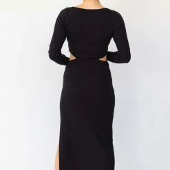 Among The Brave Fashion Angelica Black Cut Out Boat Neck LS Rib Knit Midi Dress