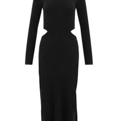Among The Brave Fashion Angelica Black Cut Out Boat Neck LS Rib Knit Midi Dress