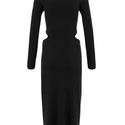 Among The Brave Fashion Angelica Black Cut Out Boat Neck LS Rib Knit Midi Dress