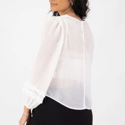 Among The Brave Fashion Ava Ivory Crinkle Shimmer Double Ruffle Puff Sleeve Top