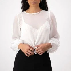 Among The Brave Fashion Ava Ivory Crinkle Shimmer Double Ruffle Puff Sleeve Top