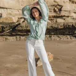 Among The Brave Elena Sage Ruffle Front Tie Neck LS Ruffle Sleeve Top Fashion