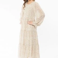 Billie The Label Awaken Caramel Floral Shirred Bodice LS Tiered Maxi Dress Fashion