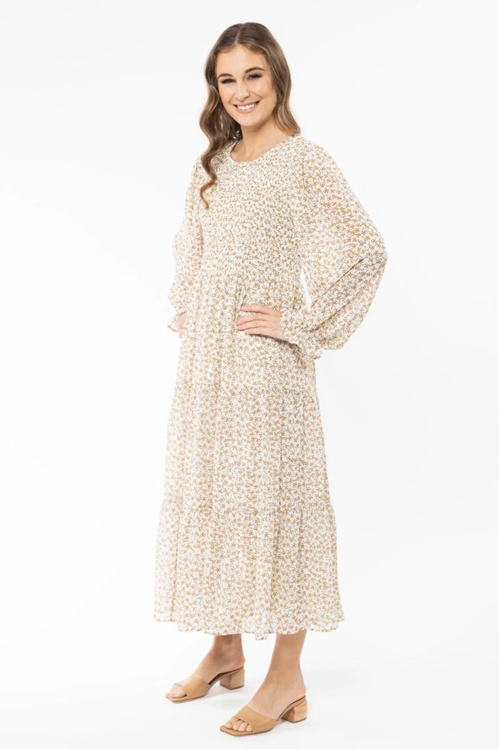 Billie The Label Awaken Caramel Floral Shirred Bodice LS Tiered Maxi Dress Fashion 4 Billie The Label Awaken Caramel Floral Shirred Bodice LS Tiered Maxi Dress Fashion