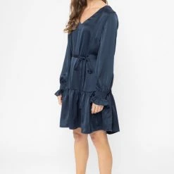 Billie The Label Jessica Navy Satin Drop Waist Mid Sleeve Mini Dress