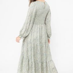 Billie The Label Awaken Olive Floral Shirred Bodice LS Tiered Maxi Dress Fashion